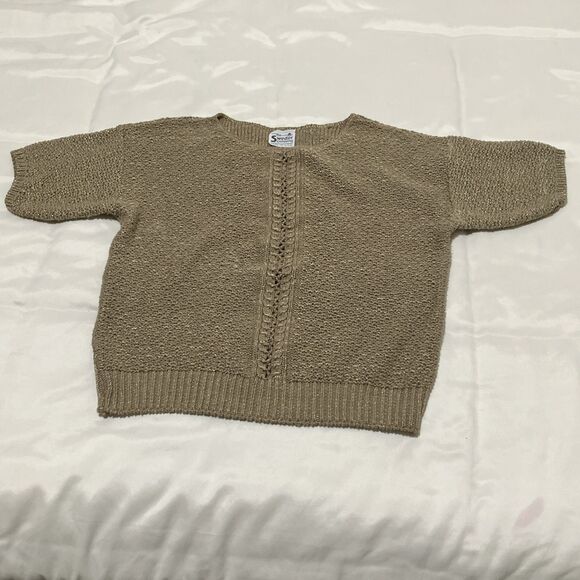 Beige Tan Crochet Open Knit Sweater Vintage USA Sheer Accent Detail Short Sleeve - Picture 1 of 5